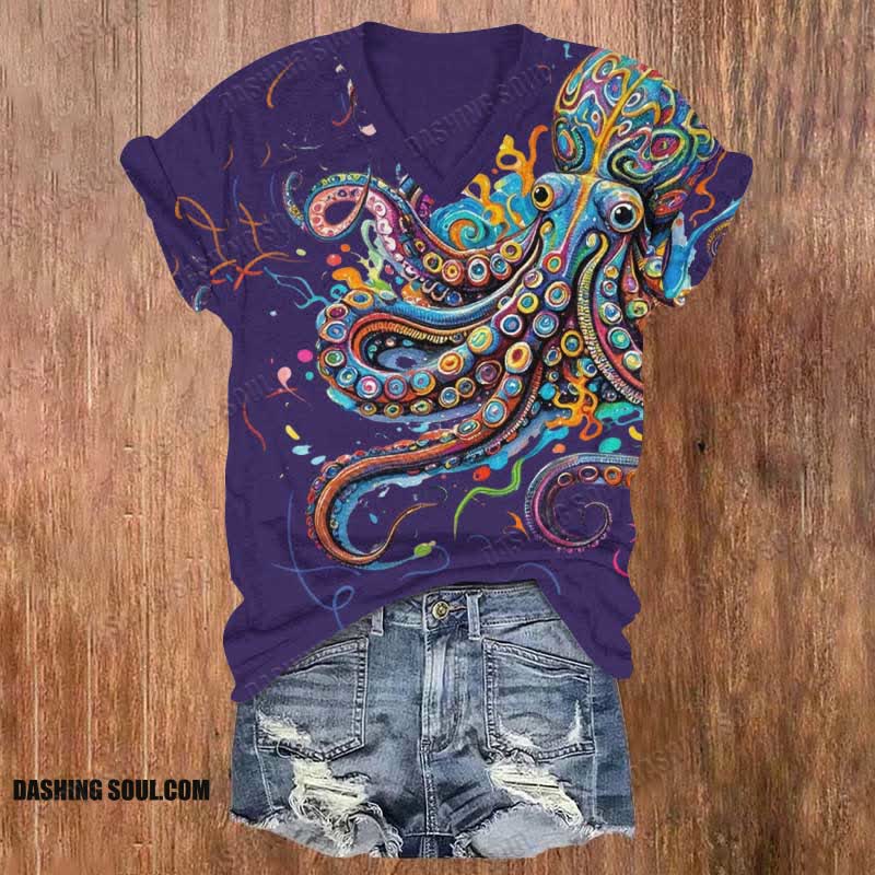 (🔥Limited offer)Vintage Rainbow Octopus Art Print V-neck T-shirt