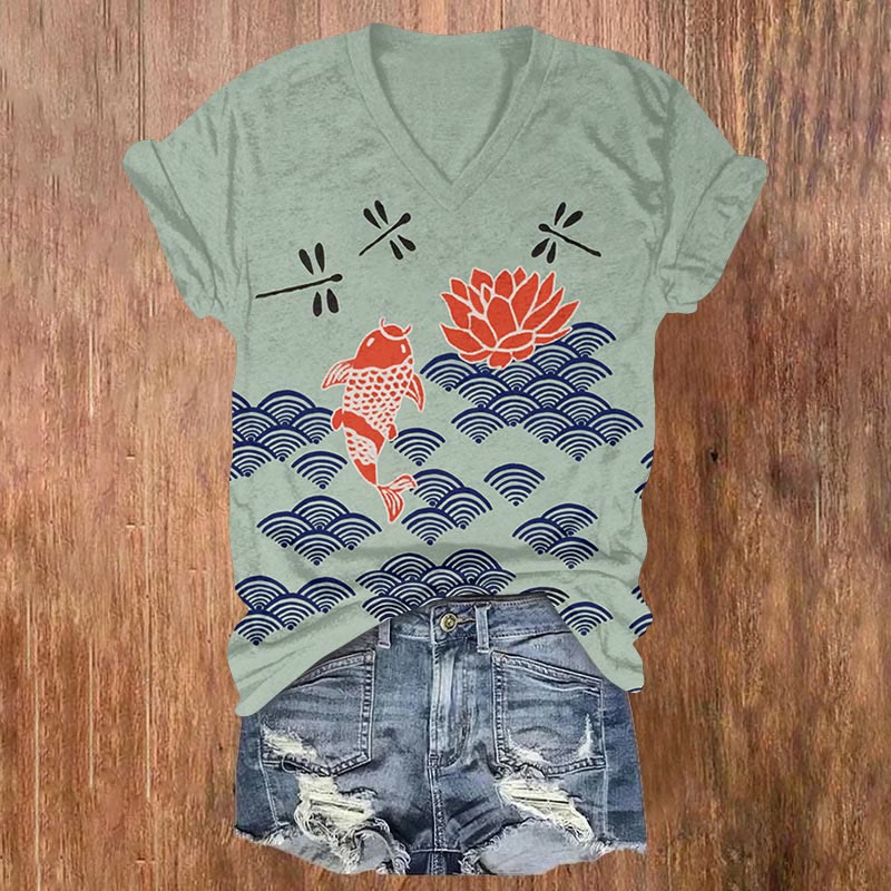(Limited offer)Dashingsoul Japanese Style Koi Fish Dragonfly Wave Art Print V-neck T-shirt