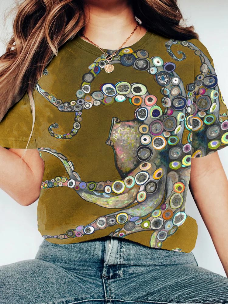Dashingsoul Colorful Octopus Oil Painting Print T-shirt