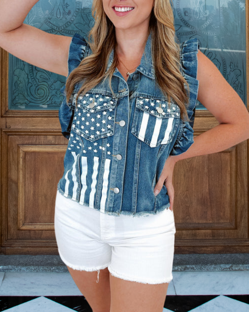 Ruffled Flag Denim Vest Jacket