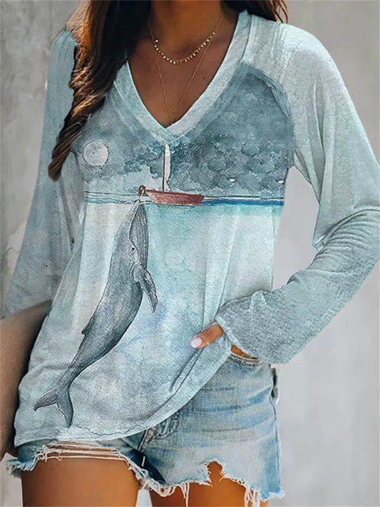 Dashingsoul Women's Humpback Whale Print Long Sleeve V-neck T-shirt