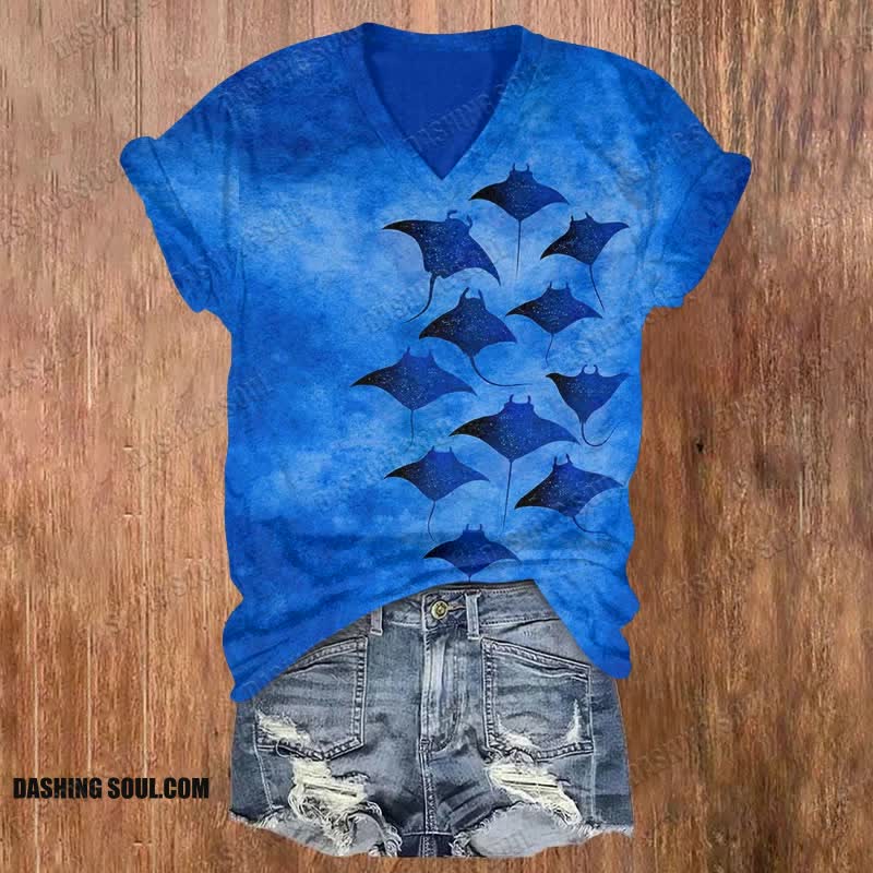 Vintage Manta Ray Art Print V-neck T-shirt