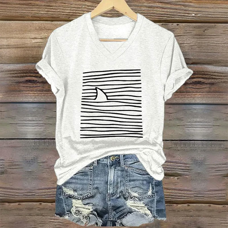 Dashingsoul Women's Shark Art Print V-neck T-shirt
