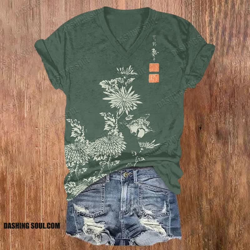 Vintage Chrysanthemum Print V-neck T-shirt