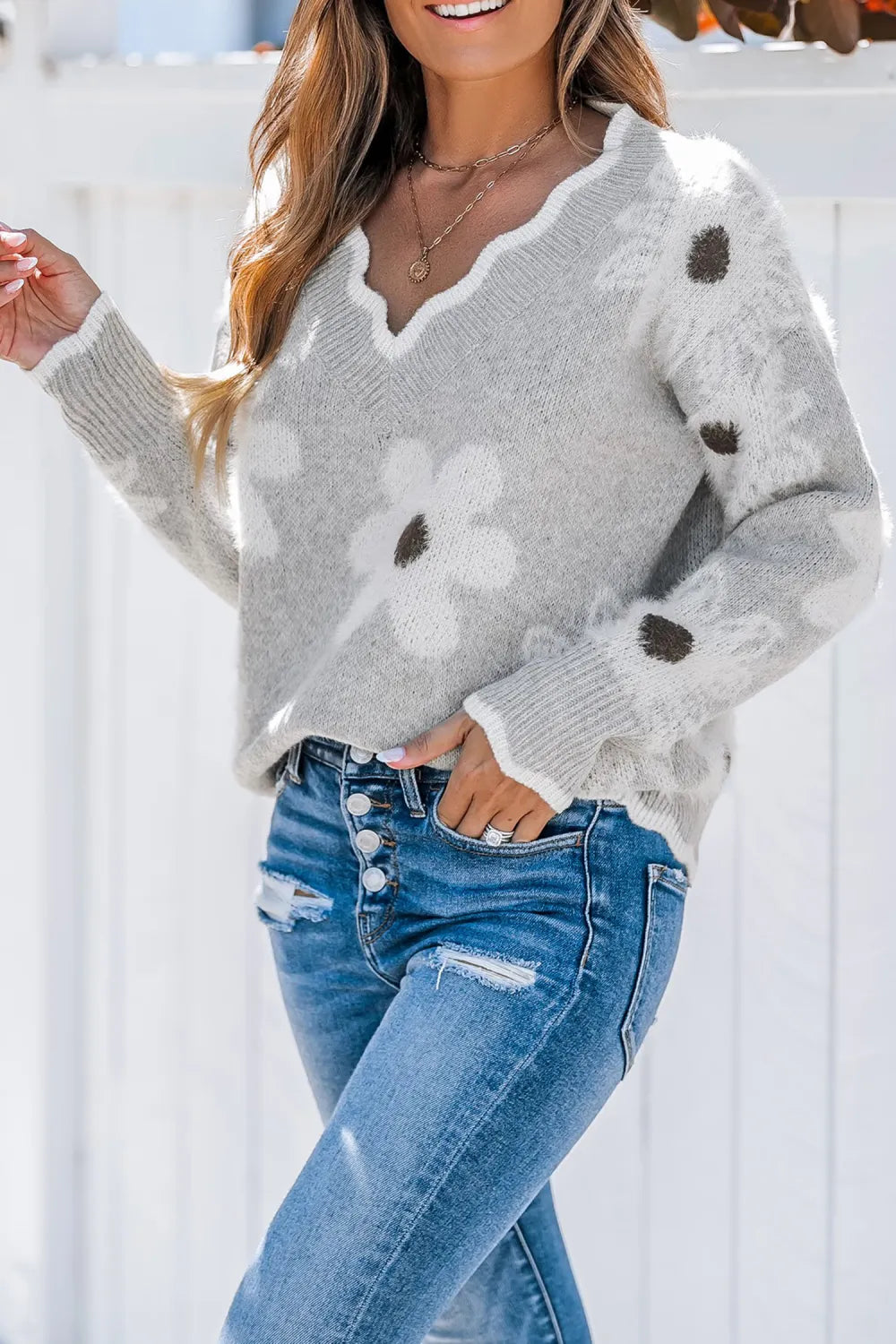 Grey Knit Daisy Scalloped Sweater