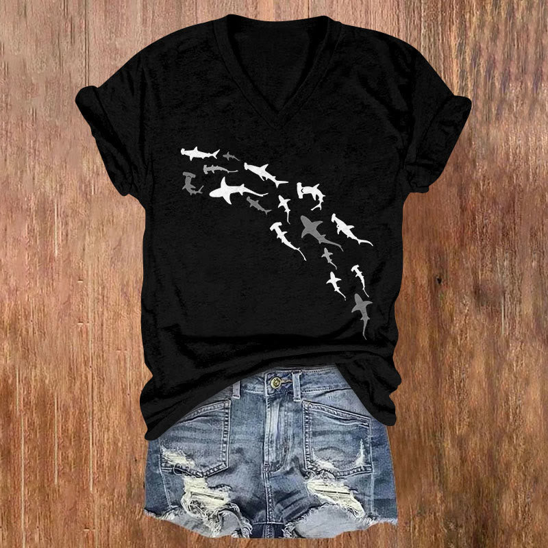 Dashingsoul Shark Print Casual V-neck Short-sleeved T-shirt