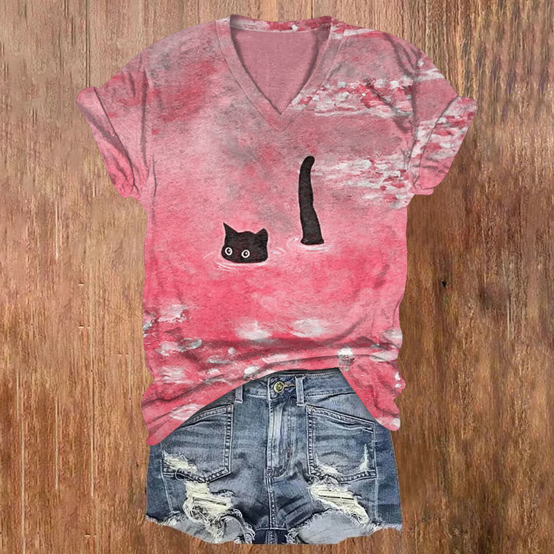 Dashingsoul Women's Oil Painting Cat Print V-neck T-shirt