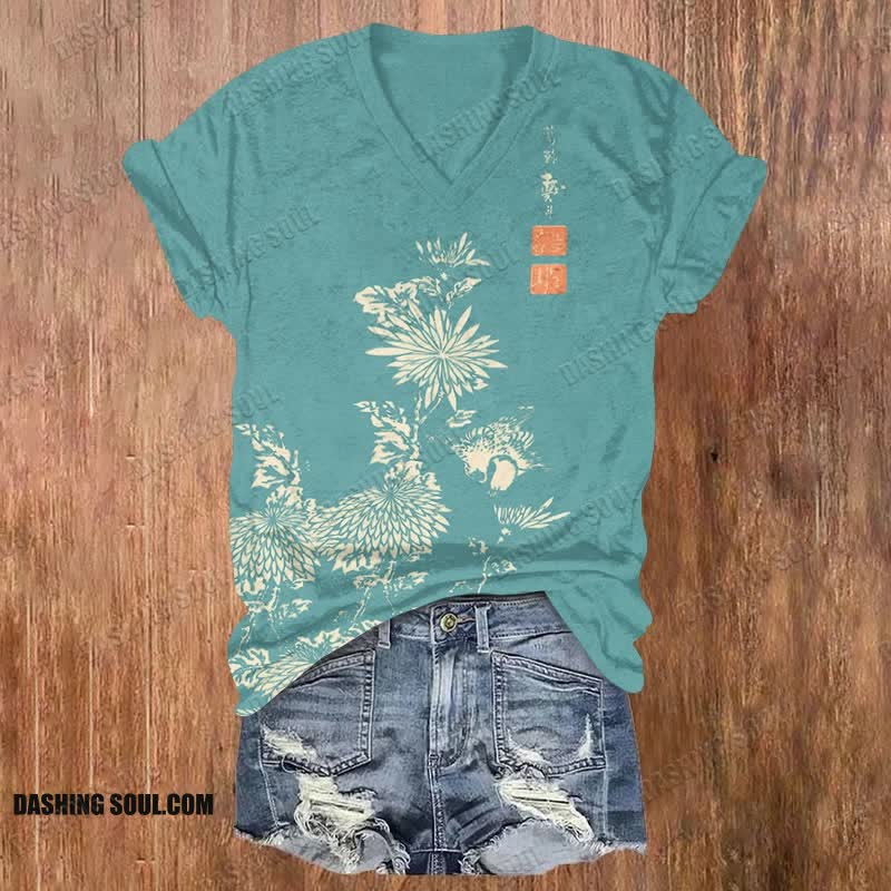 Vintage Chrysanthemum Print V-neck T-shirt