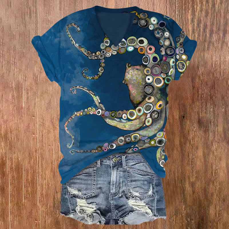 Dashingsoul Colorful Octopus Oil Painting Print V-neck T-shirt